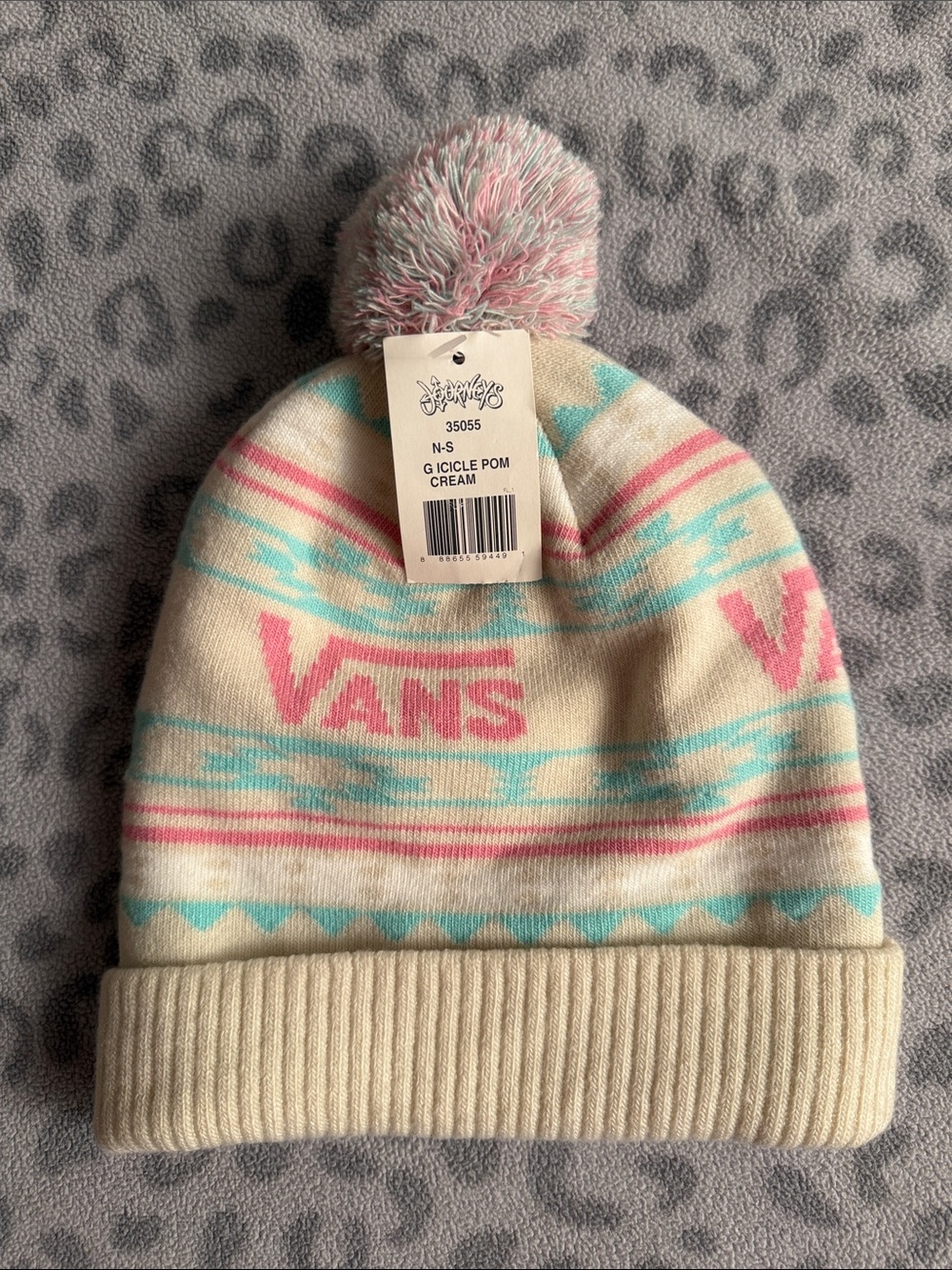 Vans Kids Cream Beanie with Pink & Teal Accents and Pom